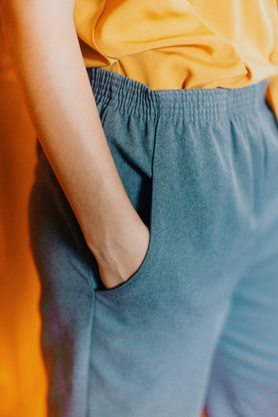 Close detail of amber and slate technical fabric